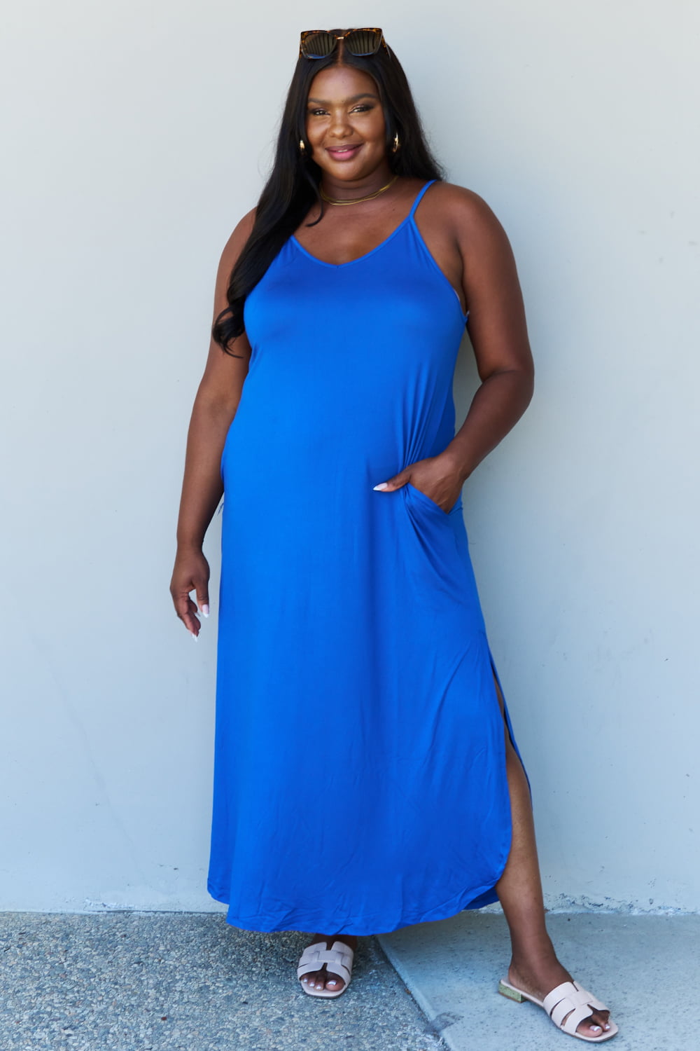 Ninexis Good Energy Full Size Cami Side Slit Maxi Dress in Royal Blue Maxi Dress Trendsi Royal  Blue S 