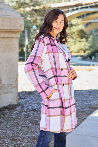 Double Take Full Size Plaid Button Up Lapel Collar Coat - NeoKira Unlimited