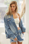 BiBi Pearl Detail Distressed Button Up Denim Jacket Jacket Trendsi   