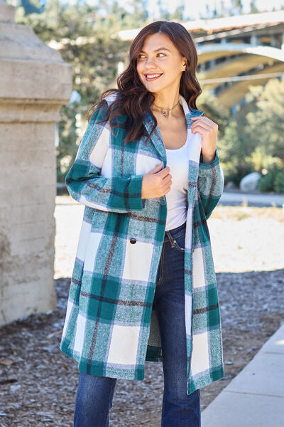 Double Take Full Size Plaid Button Up Lapel Collar Coat - NeoKira Unlimited