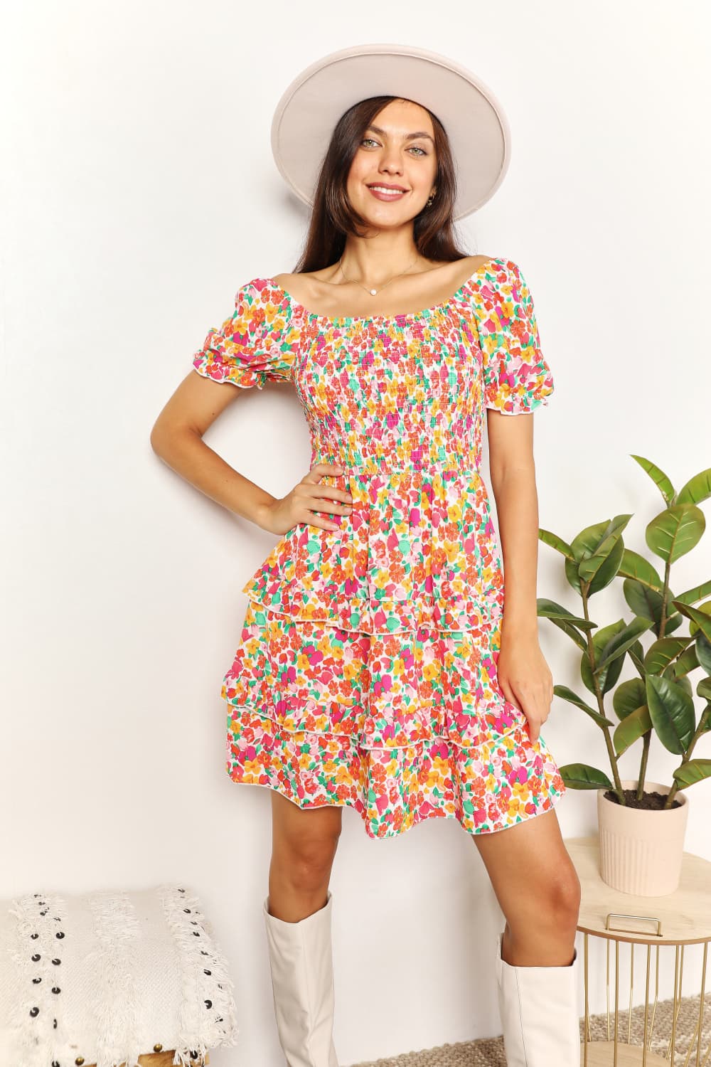Devine Smocked Sweetheart Neck Flounce Sleeve Mini Dress - NeoKira Unlimited