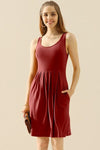 Doublju Full Size Round Neck Ruched Sleeveless Dress with Pockets Mini Dress Trendsi BURGUNDY S 