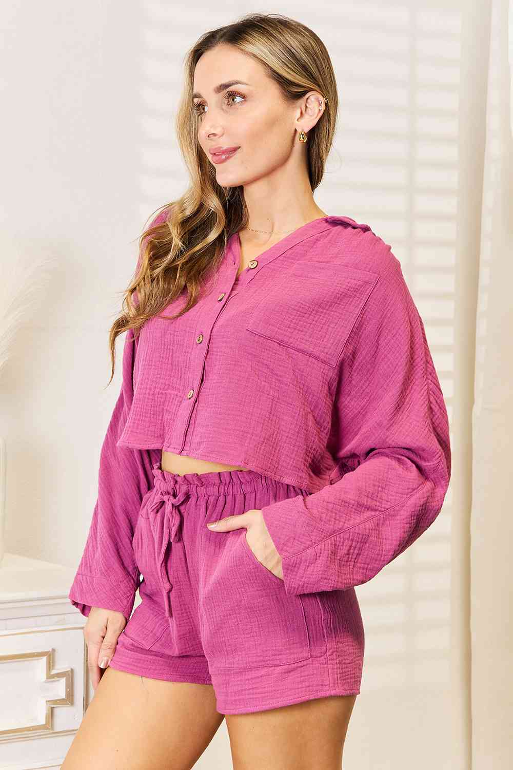 Basic Bae Buttoned Long Sleeve Top and Shorts Set Shorts Set Trendsi   