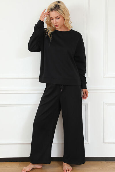 Double Take Full Size Textured Long Sleeve Top and Drawstring Pants Set - NeoKira Unlimited