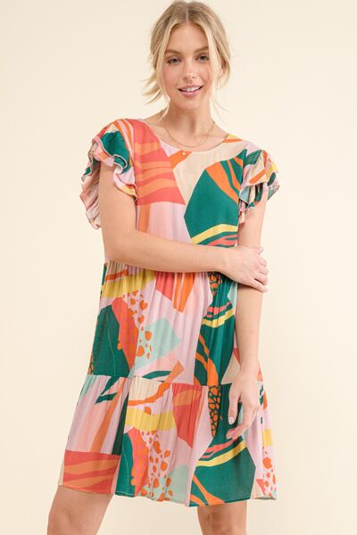 And The Why Printed Double Ruffle Sleeve Dress - NeoKira Unlimited