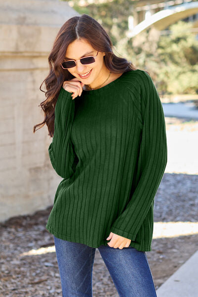 Basic Bae Full Size Ribbed Round Neck Long Sleeve Knit Top - NeoKira Unlimited