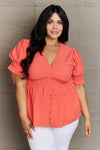 Culture Code Whimsical Wonders Full Size V-Neck Puff Sleeve Button Down Top Top Trendsi Coral S 