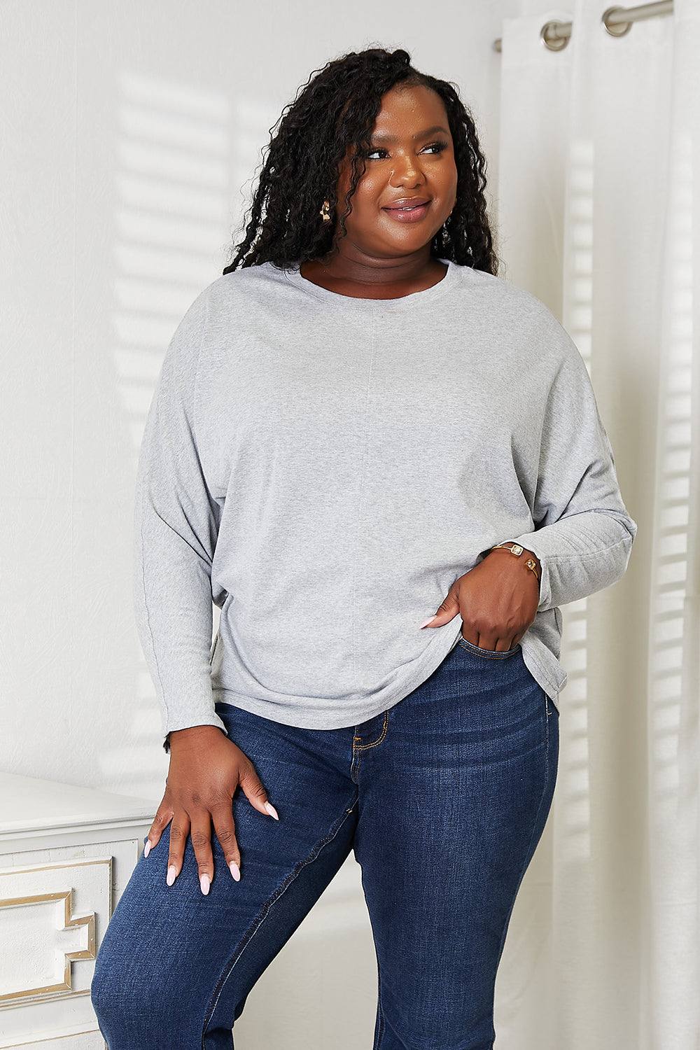 Double Take Seam Detail Round Neck Long Sleeve Top - NeoKira Unlimited