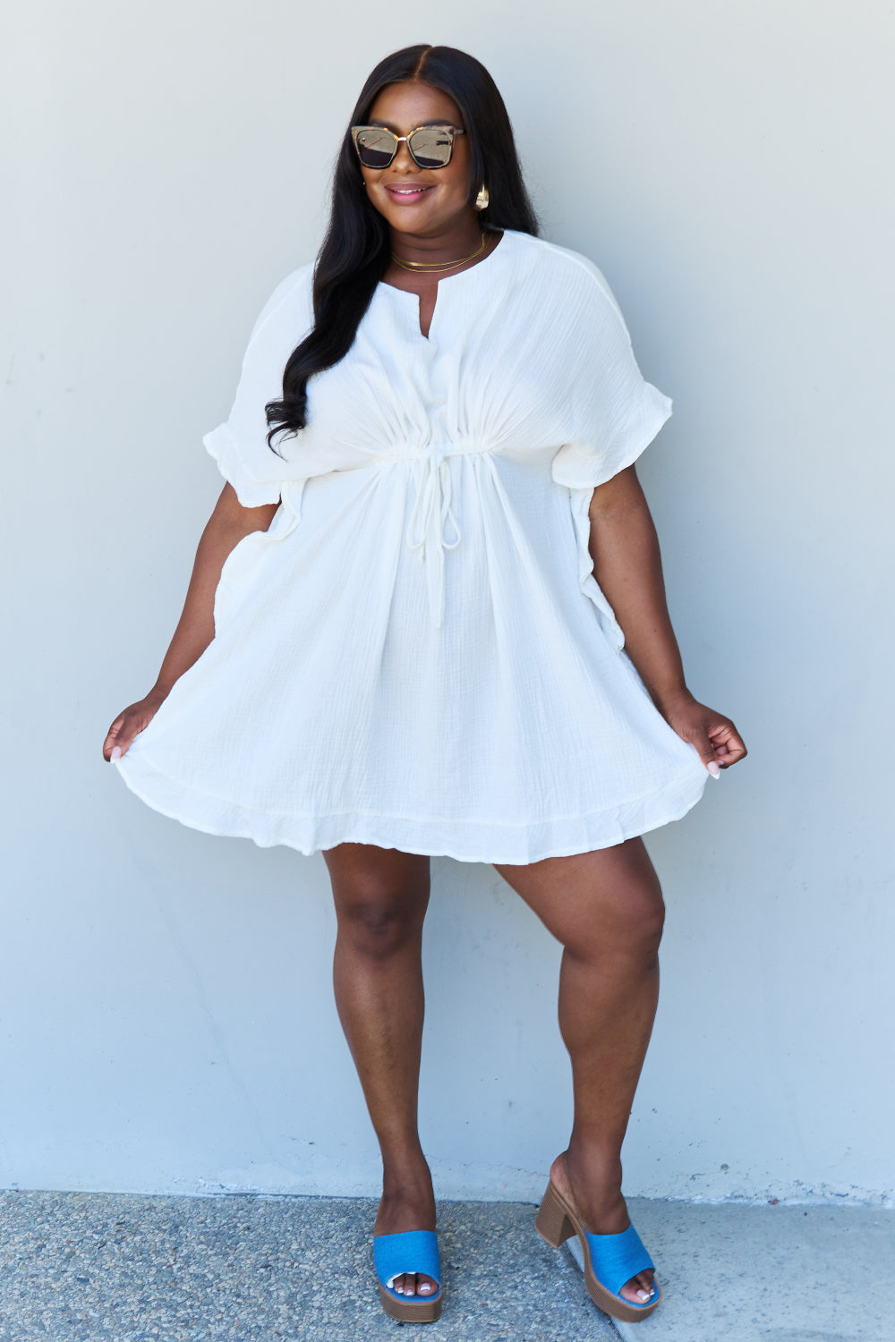 Ninexis Out Of Time Full Size Ruffle Hem Dress with Drawstring Waistband in White Mini Dress Trendsi   