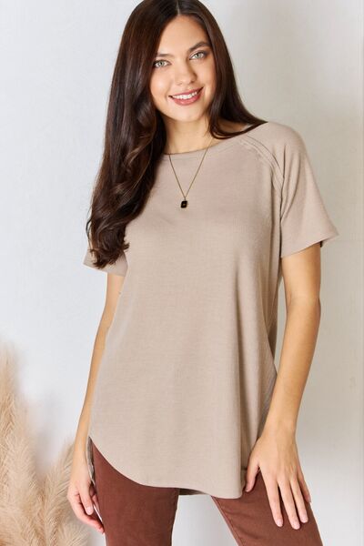 Zenana Baby Waffle Short Sleeve Slit High-Low T-Shirt Top Trendsi Light Mocha S 