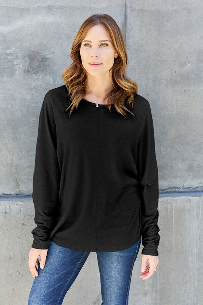 Double Take Full Size Round Neck Long Sleeve T-Shirt Top Trendsi Black S 