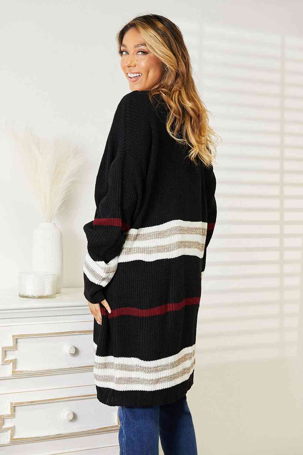 Perfee Take Striped Rib-Knit Drop Shoulder Open Front Cardigan - NeoKira Unlimited