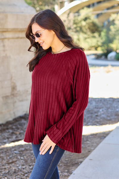 Basic Bae Full Size Ribbed Round Neck Long Sleeve Knit Top - NeoKira Unlimited