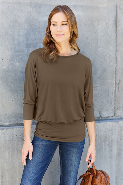 Basic Bae Full Size Round Neck Batwing Sleeve Blouse Top Trendsi Chestnut S 