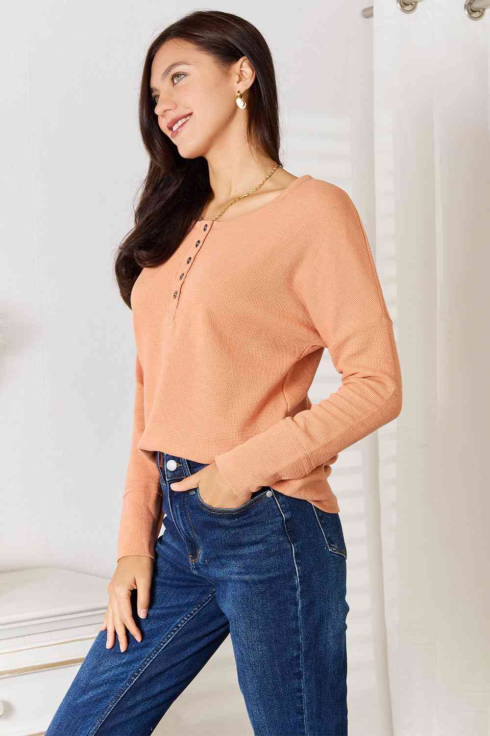 Basic Bae Half Button Long Sleeve Top - NeoKira Unlimited