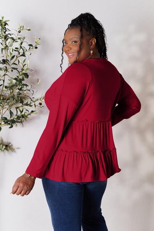 Double Take Half Button Long Sleeve Ruffle Hem Blouse - NeoKira Unlimited