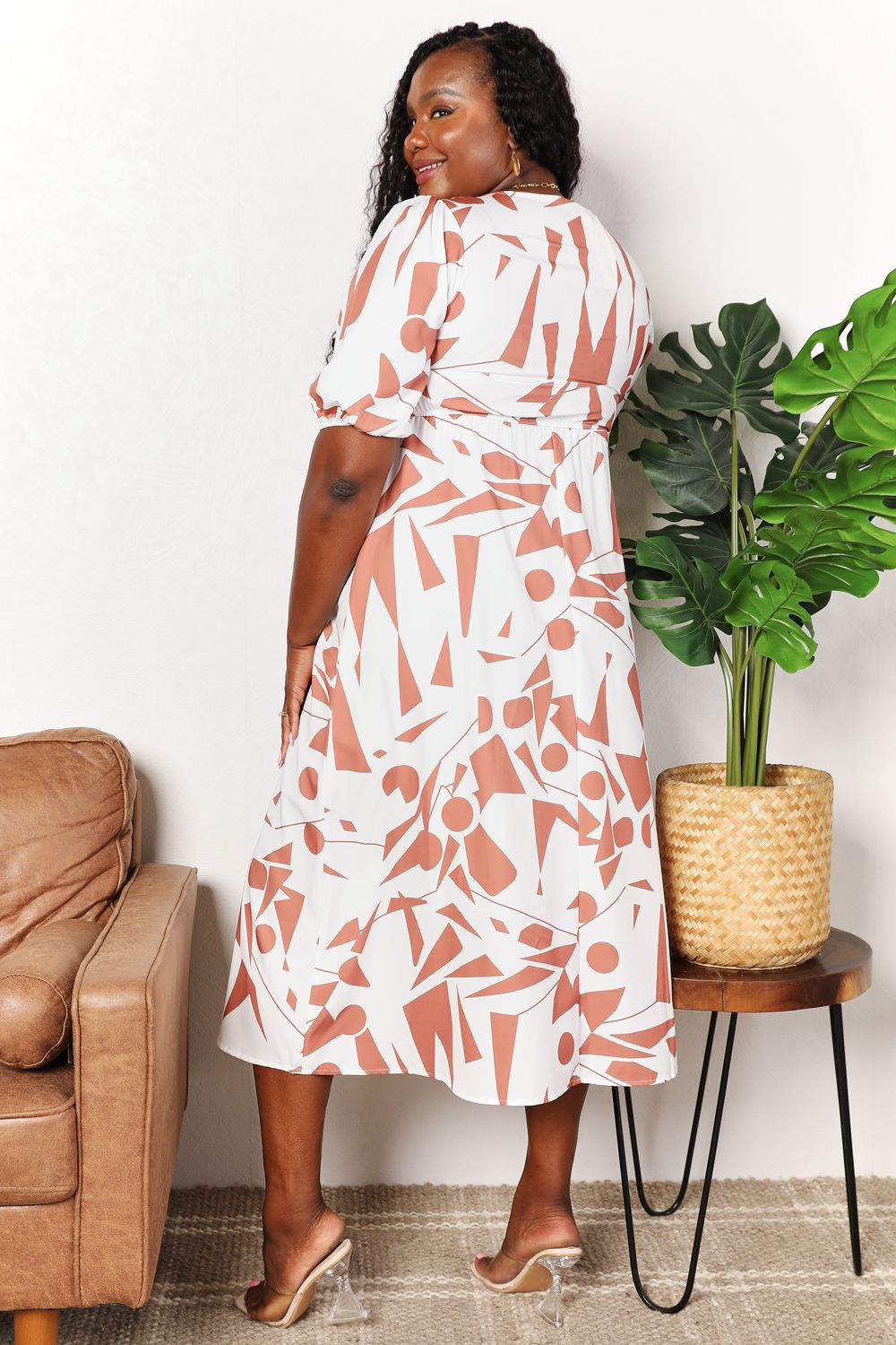 Printed Surplice Balloon Sleeve Dress - NeoKira Unlimited