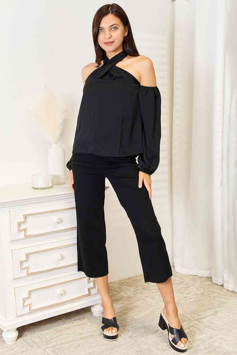 Double Take Grecian Cold Shoulder Long Sleeve Blouse - NeoKira Unlimited