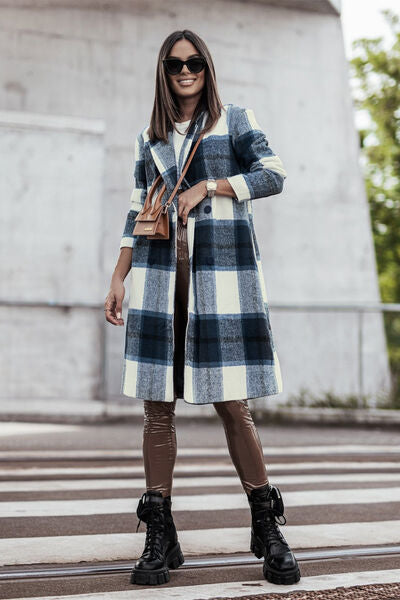 Double Take Full Size Plaid Button Up Lapel Collar Coat - NeoKira Unlimited