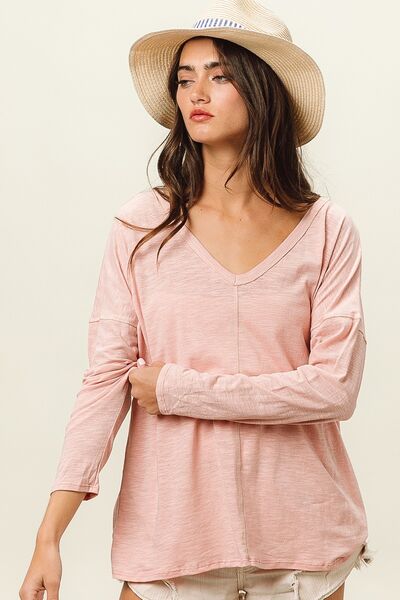 BiBi Exposed Seam V-Neck Long Sleeve T-Shirt Top Trendsi   