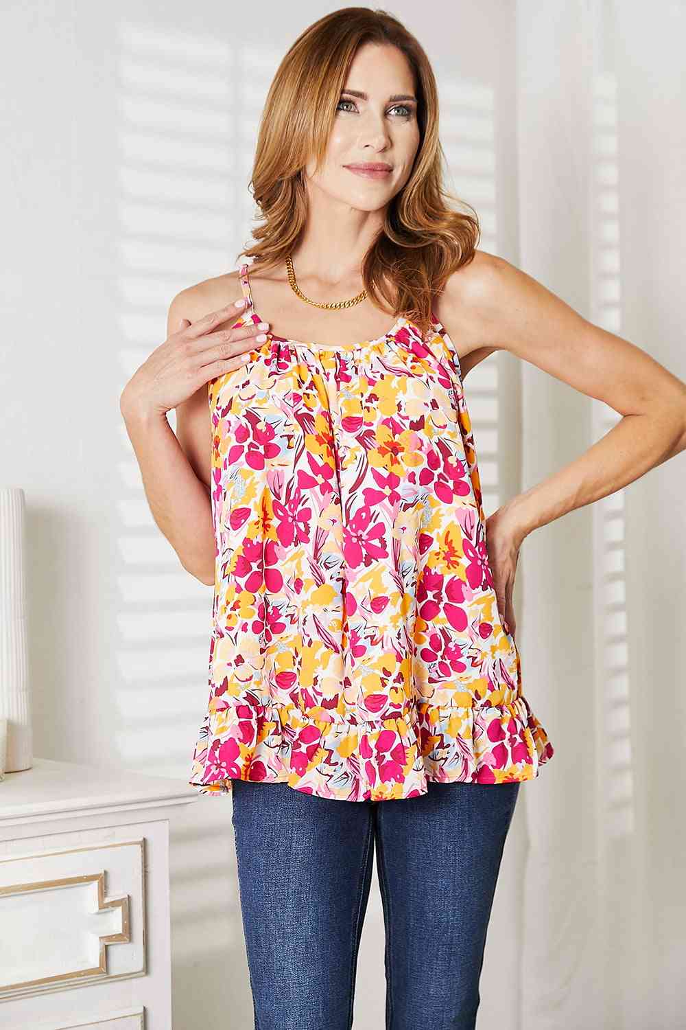 Double Take Floral Scoop Neck Ruffle Hem Cami - NeoKira Unlimited