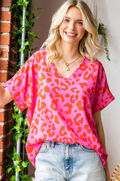 First Love Leopard V-Neck Short Sleeve Woven Top Top Trendsi PINK S 