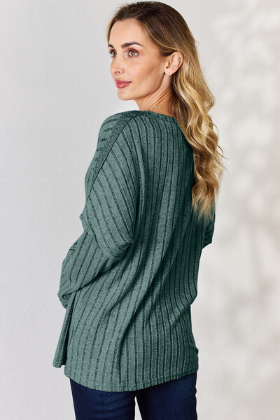 Basic Bae Full Size Ribbed Half Button Long Sleeve Top - NeoKira Unlimited