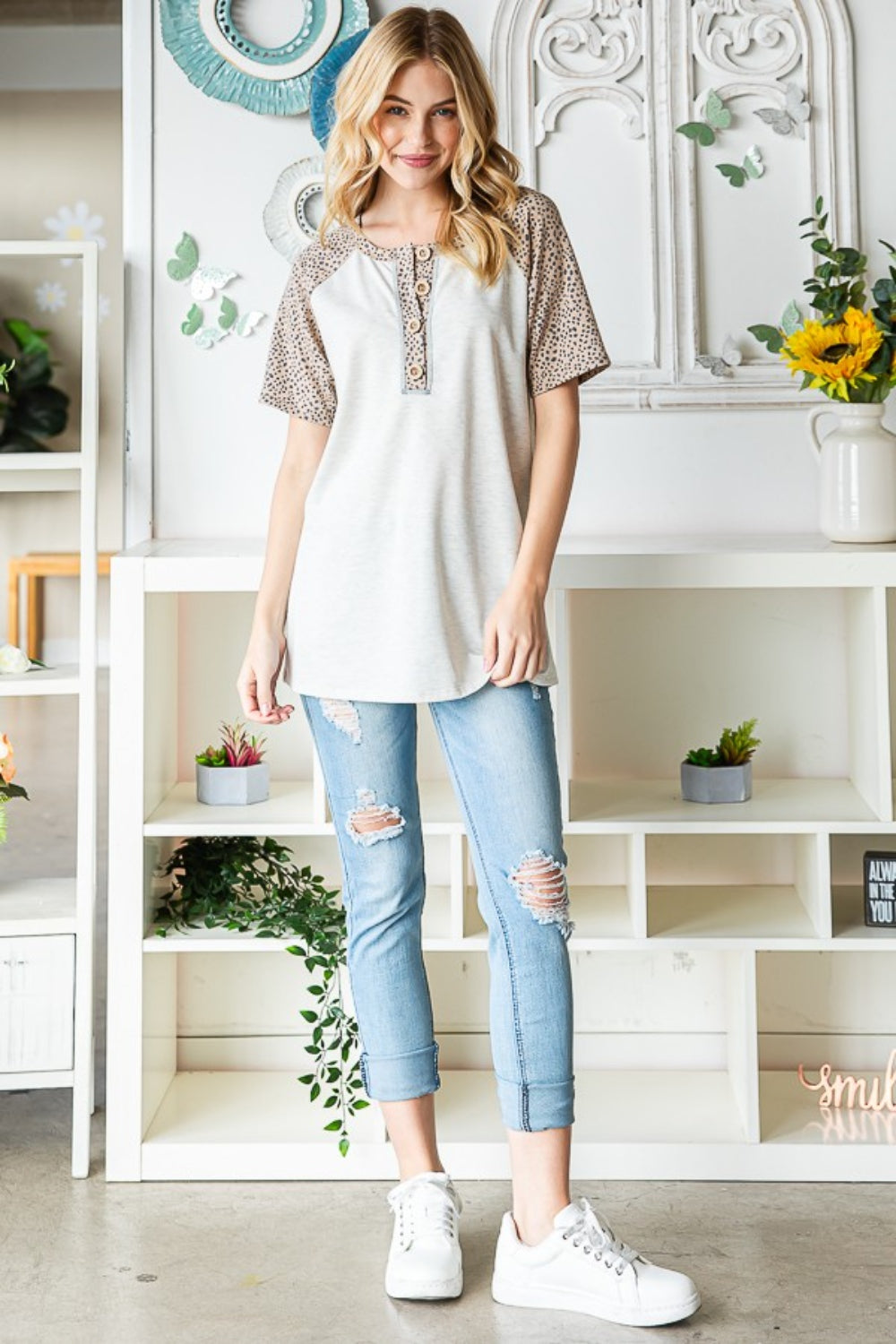 Heimish Full Size Animal Print Half Button Short Sleeve Top - NeoKira Unlimited