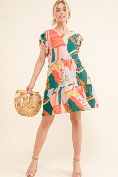 And The Why Printed Double Ruffle Sleeve Dress Mini Dress Trendsi   