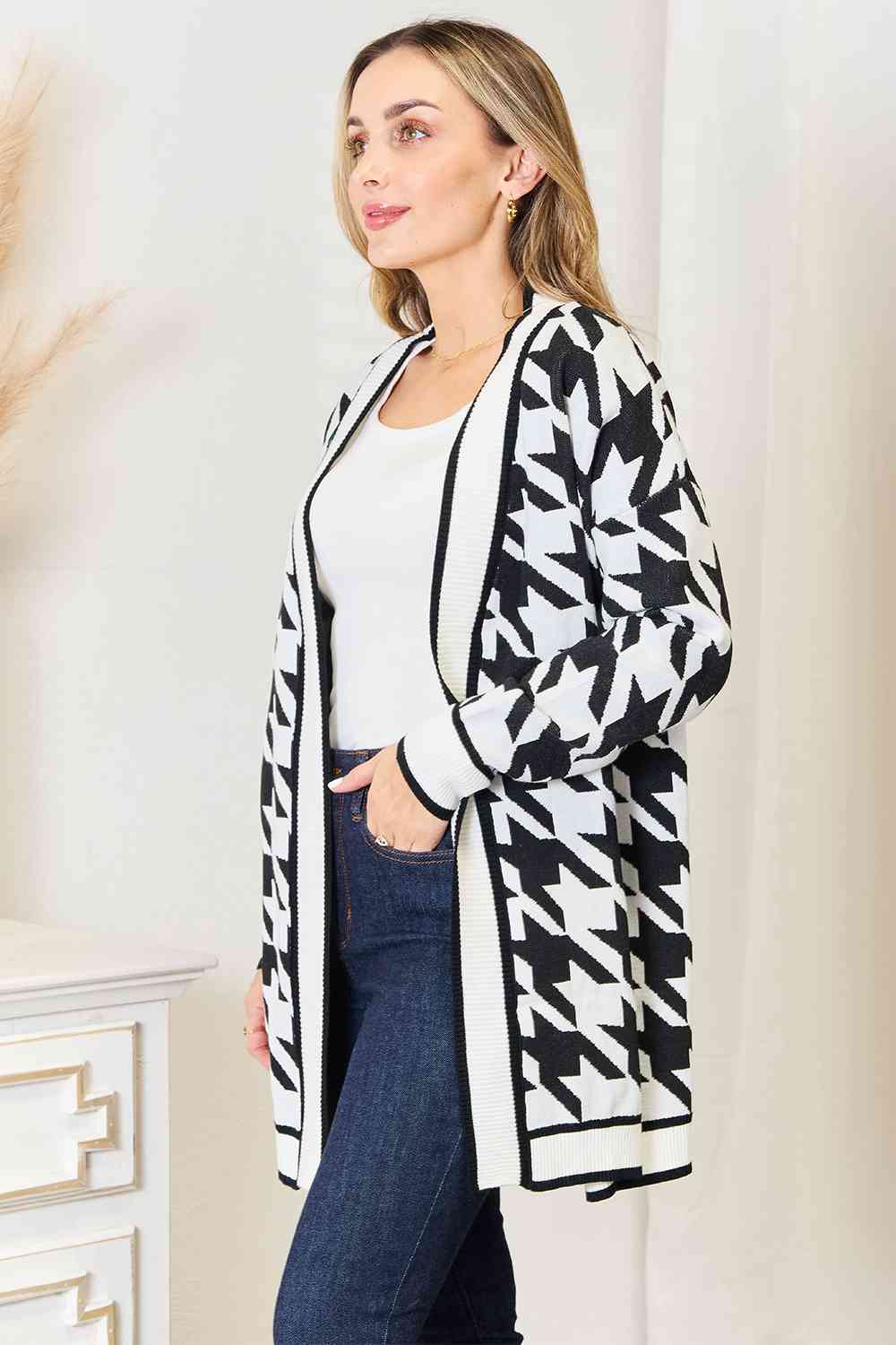 Woven Right Houndstooth Open Front Longline Cardigan - NeoKira Unlimited
