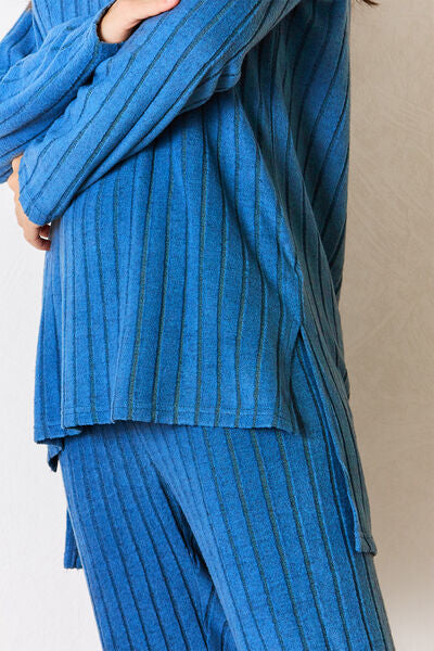 Basic Bae Full Size Ribbed Round Neck High-Low Slit Top and Pants Set - NeoKira Unlimited