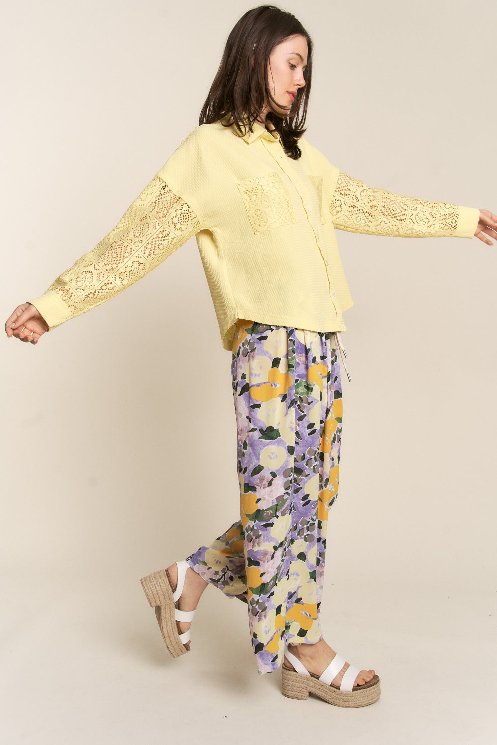 J.NNA Button Down Lace Long Sleeve Waffle Shirt - NeoKira Unlimited