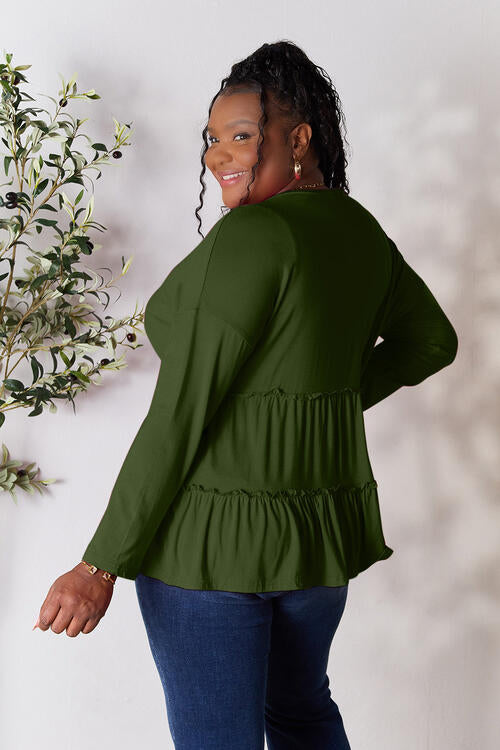 Double Take Half Button Long Sleeve Ruffle Hem Blouse - NeoKira Unlimited