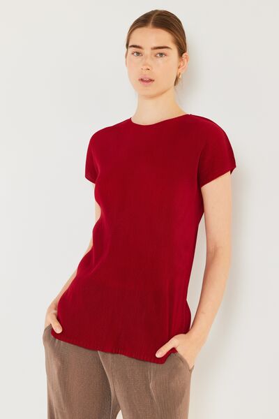 Marina West Swim Rib Pleated Cap Sleeve Top Top Trendsi Maroon Red S/M 