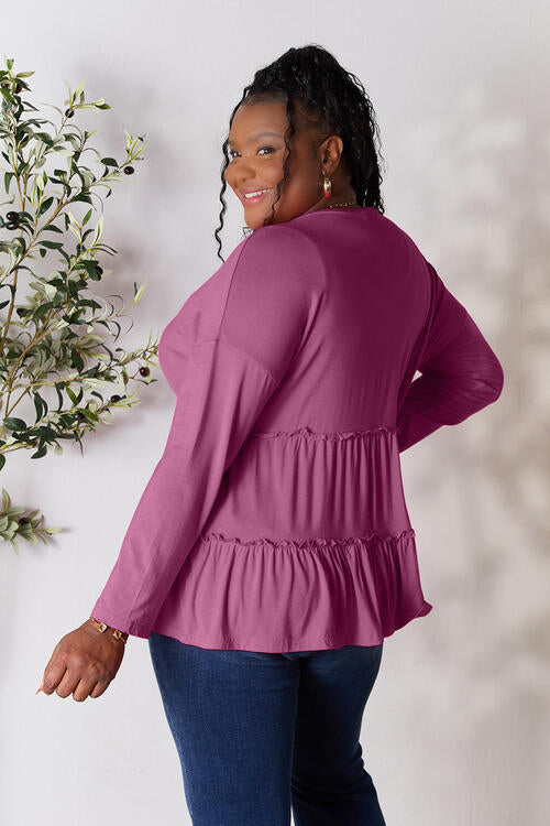 Double Take Half Button Long Sleeve Ruffle Hem Blouse - NeoKira Unlimited