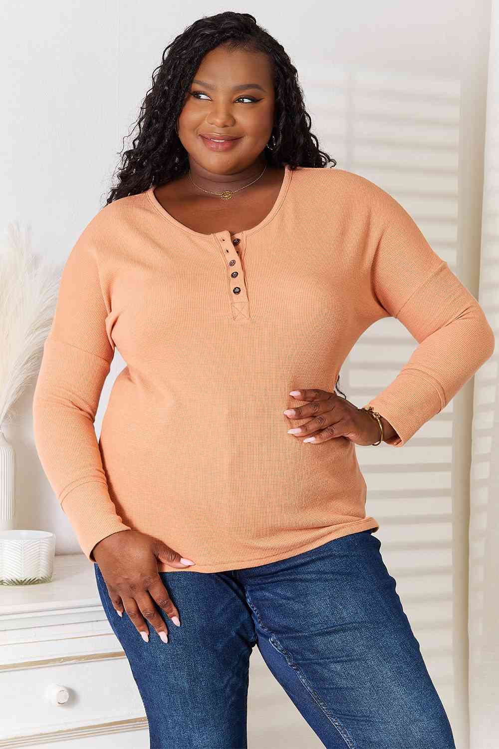 Basic Bae Half Button Long Sleeve Top Top Trendsi Pumpkin S 