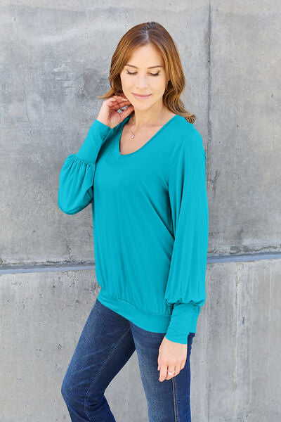 Basic Bae Full Size V-Neck Lantern Sleeve Blouse Top Trendsi   