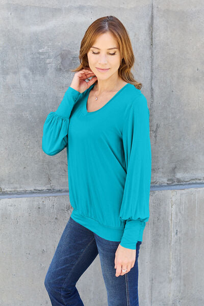 Basic Bae Full Size V-Neck Lantern Sleeve Blouse - NeoKira Unlimited