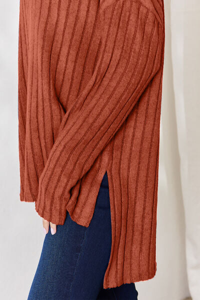 Basic Bae Full Size Ribbed Half Button Long Sleeve High-Low T-Shirt - NeoKira Unlimited