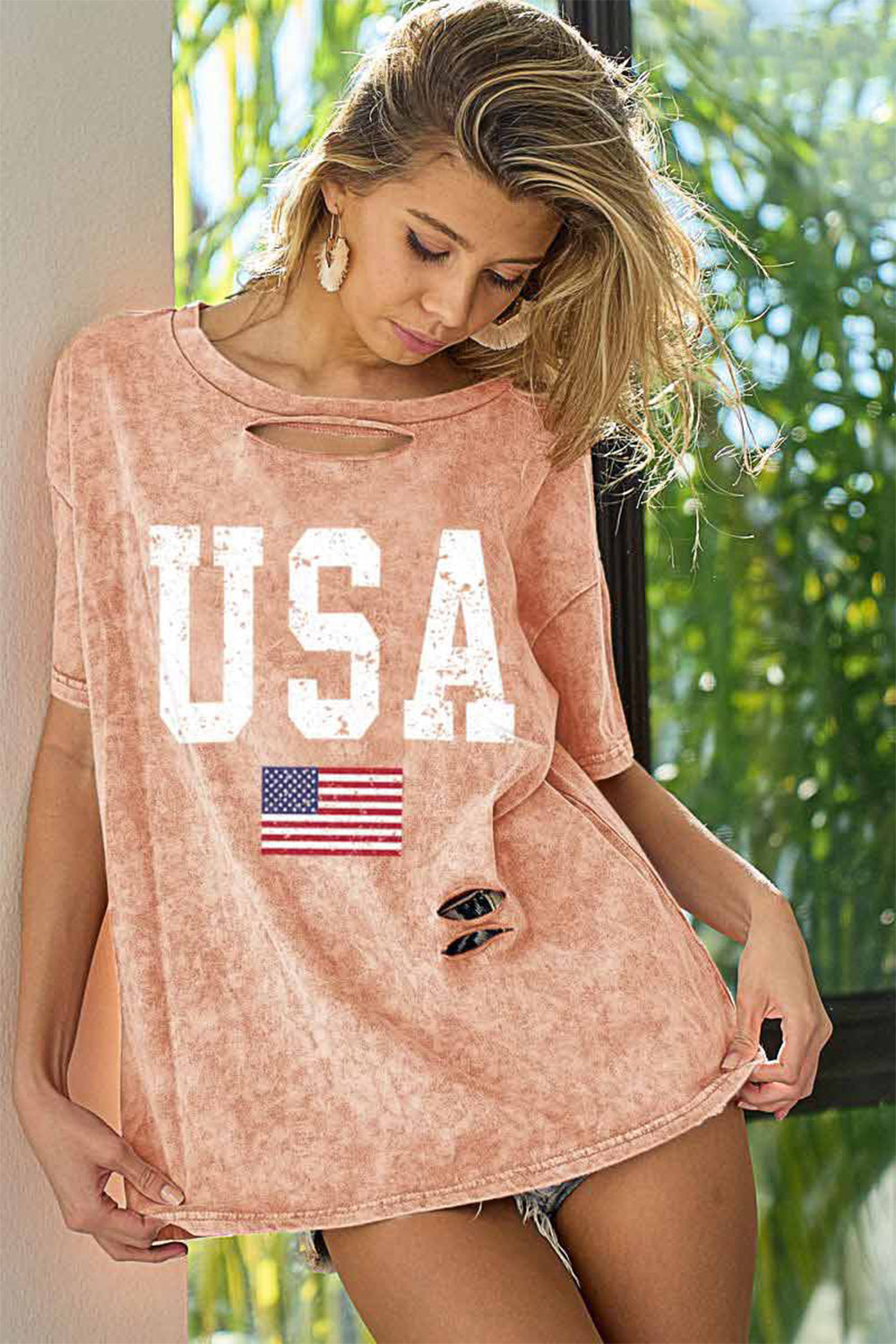 BiBi Washed American Flag Graphic Distressed T-Shirt T-Shirt Trendsi Dusty Pink S 