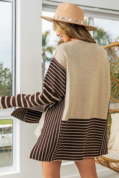 BiBi Striped Contrast Long Sleeve Slit Top Top Trendsi   