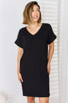 Zenana Full Size Rolled Short Sleeve V-Neck Dress Mini Dress Trendsi Black S 