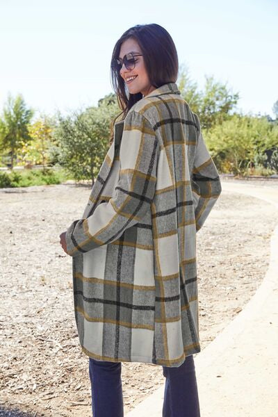 Double Take Full Size Plaid Button Up Lapel Collar Coat Coat Trendsi   