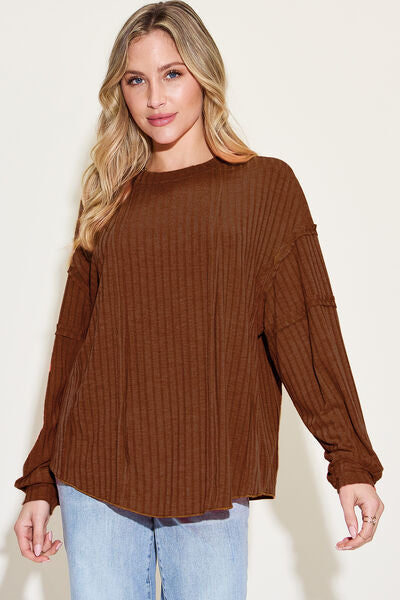 Basic Bae Full Size Ribbed Round Neck Long Sleeve T-Shirt - NeoKira Unlimited
