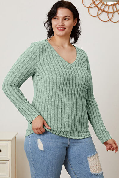 Basic Bae Full Size Ribbed V-Neck Long Sleeve Shirt - NeoKira Unlimited