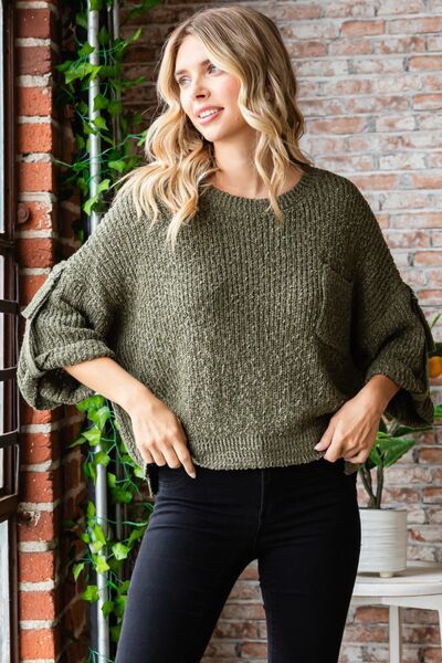 Veveret Round Neck Roll-Up Sweater Sweater Trendsi   