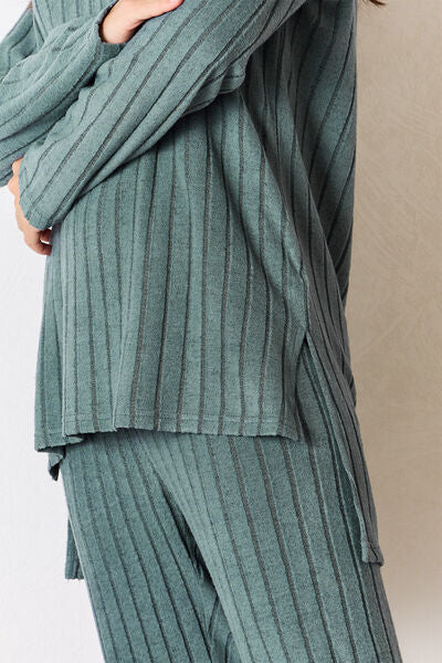 Basic Bae Full Size Ribbed Round Neck High-Low Slit Top and Pants Set - NeoKira Unlimited