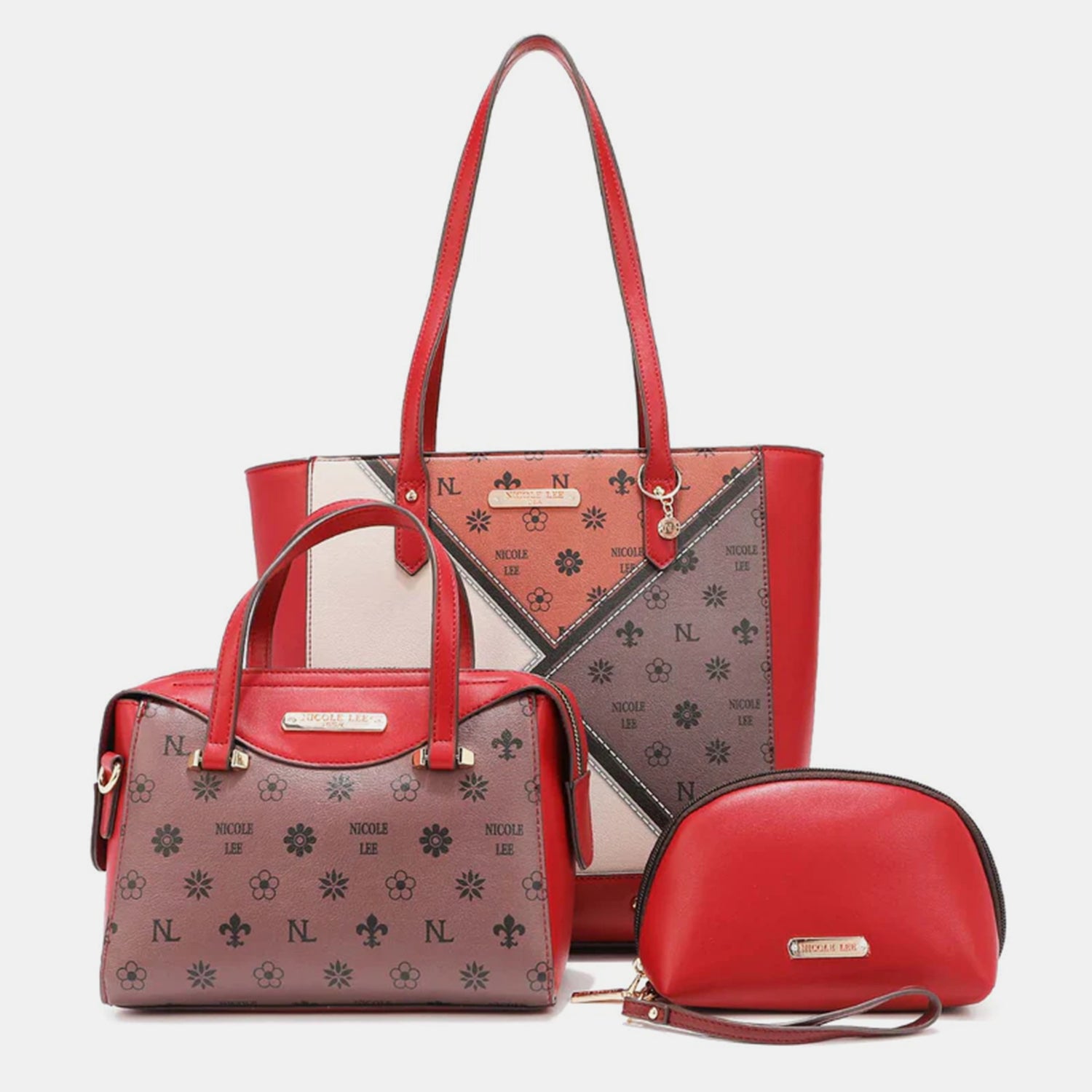 Nicole Lee USA 3-Piece Color Block Handbag Set Handbag Set Trendsi RED One Size 