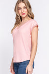 ACTIVE BASIC Lace Trim V-Neck Short Sleeve Ribbed Top Top Trendsi   