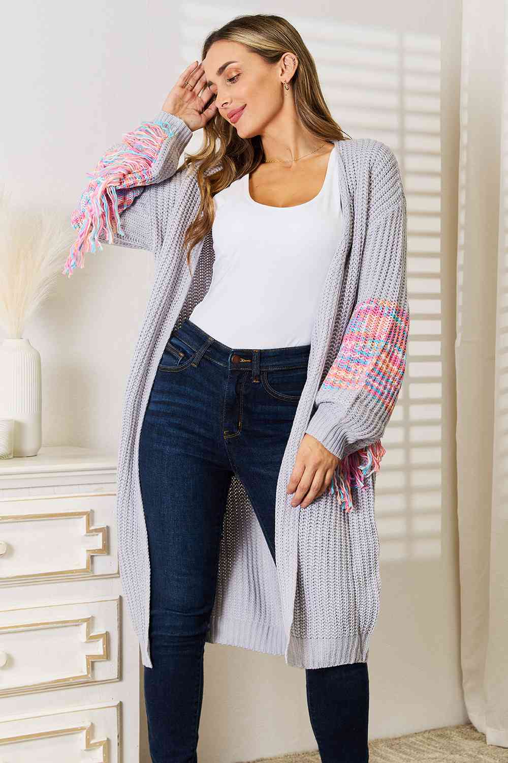 Woven Right Fringe Sleeve Dropped Shoulder Cardigan - NeoKira Unlimited
